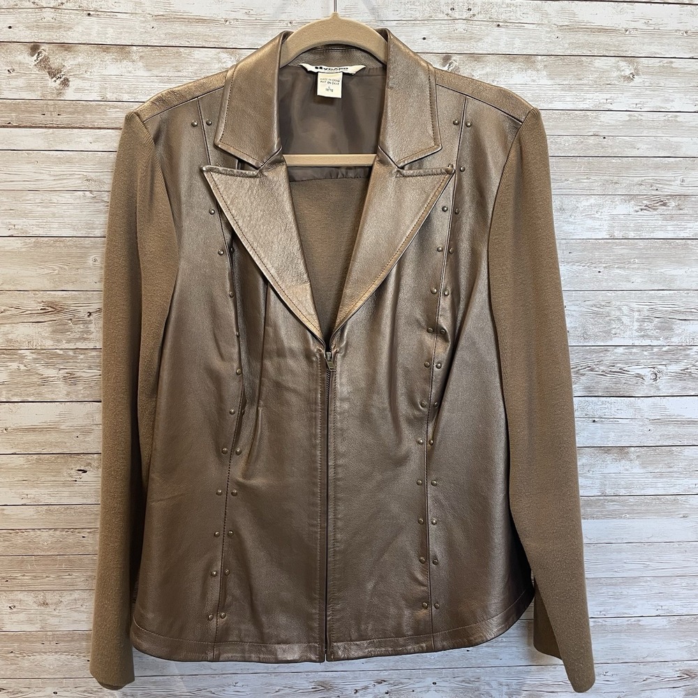 Vintage Peter Nygard Womens L Jacket Bronze Studded Leather & Knit Back Sleeves